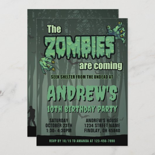 不気味なダークグリーンゾンビバースデーパーティー 招待状 (正面/裏面)