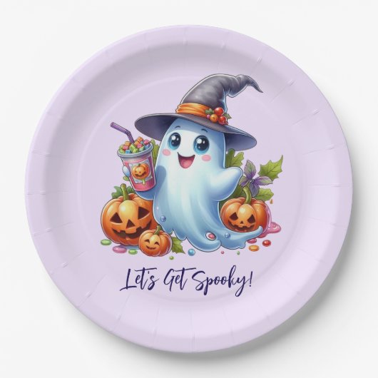 不気味なドリンクと可愛い幽霊、ハロウィーン ペーパープレート (正面)