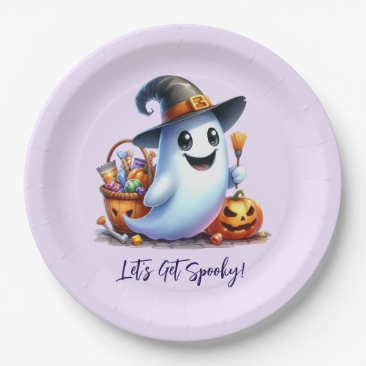 不気味なドリンクと可愛い幽霊、ハロウィーン ペーパープレート (正面)