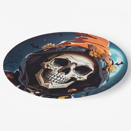 不気味なニヤニヤのスケルトンのハロウィーン ペーパープレート (アングル)