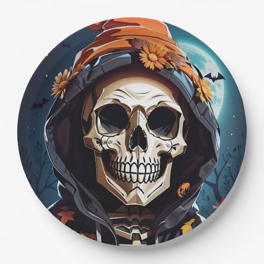 不気味なニヤニヤのスケルトンのハロウィーン ペーパープレート (正面)