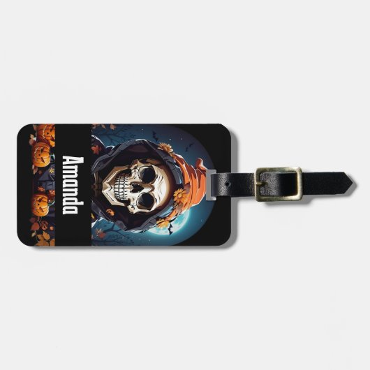 不気味なニヤニヤのスケルトンのハロウィーン ラゲッジタグ (正面横)