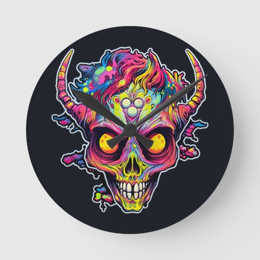不気味なネオンスカル悪魔 ラウンド壁時計 (正面)