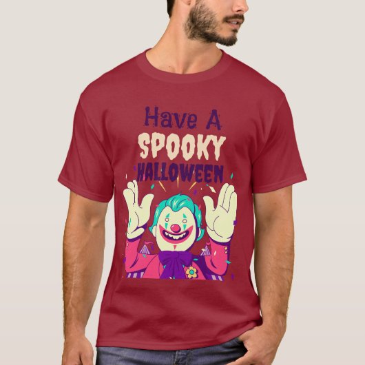 不気味なハロウィンとピエロのグラフィックを持つ Tシャツ (正面)
