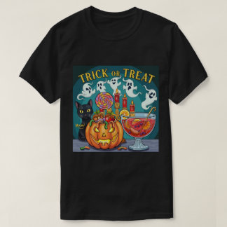 不気味なハロウィンの夜 怖い木とカボチャのグラフィック Tシャツ