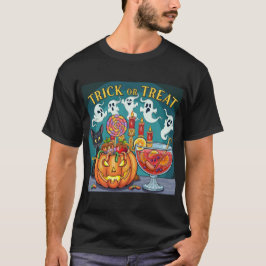 不気味なハロウィンの夜 怖い木とカボチャのグラフィック Tシャツ