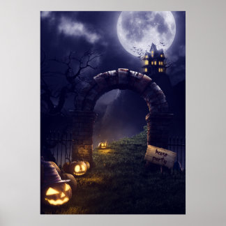 不気味なハロウィンの夜 満月とお化け屋敷 | ポスター