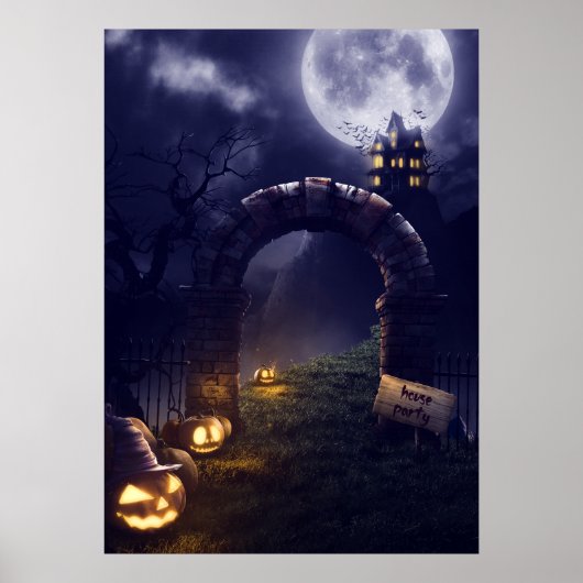 不気味なハロウィンの夜 満月とお化け屋敷 | ポスター (正面)