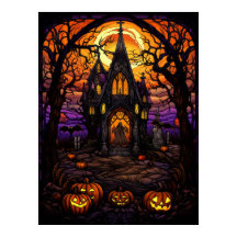 不気味なハロウィンの森の教会のステンドグラス