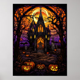 不気味なハロウィンの森の教会のステンドグラス ポスター
