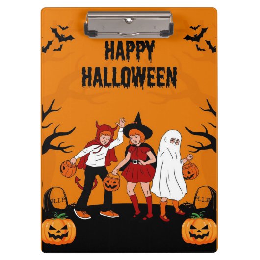 不気味なハロウィン – かぼちゃ、幽霊 & クリップボード (正面)