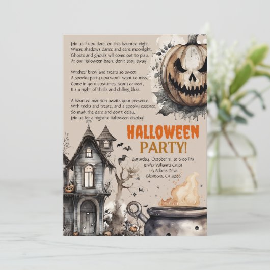 不気味なハロウィーンのカボチャのちょうちんハロウィーン詩招待状 案内状 (スタンド正面)
