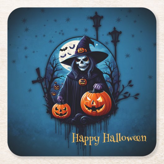 不気味なハロウィーンのシーン スクエアペーパーコースター (正面)