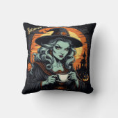 不気味なハロウィーンの夜にお茶を楽しむ魔女 クッション (裏面)