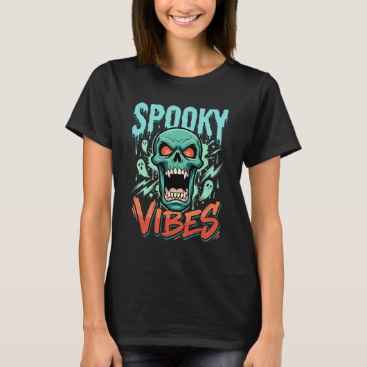 不気味なハロウィーンの幽霊のドクロデザイン_1 Tシャツ (正面)