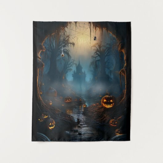 不気味なハロウィーンの幽霊蜘蛛の道 タペストリー (正面)