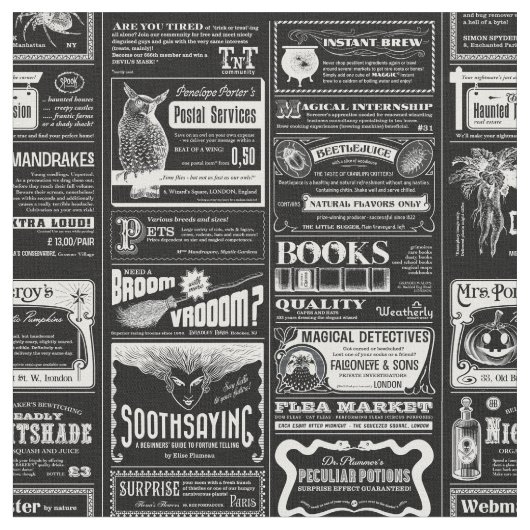 不気味なハロウィーン新聞アンティークブラック ファブリック (クローズアップ)