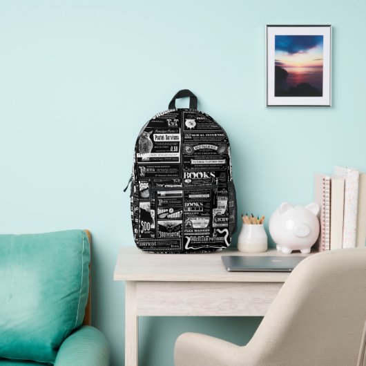 不気味なハロウィーン新聞アンティークブラック プリントバックパック (インサイチュ)