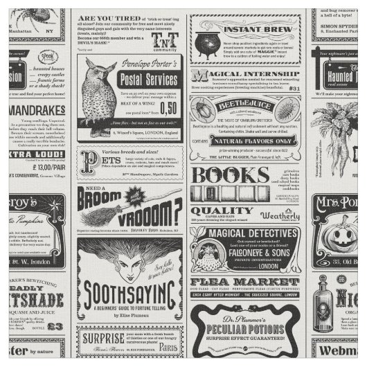 不気味なハロウィーン新聞アンティーク白 ファブリック (クローズアップ)