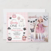 不気味なピンクのゴースト ハロウィン1歳誕生日写真 招待状 (正面)