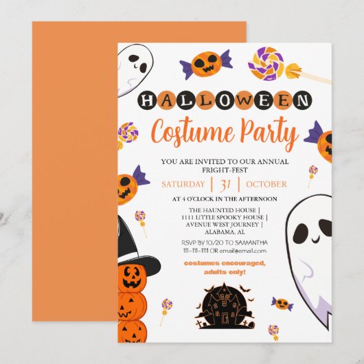 不気味なブー幽霊のよく出るハウスハロウィーンの衣装パーティー 招待状 (正面/裏面)