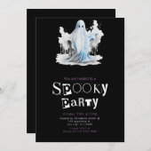不気味なホワイトアンドブルー幽霊ハローウィンパーティ 招待状 (正面/裏面)