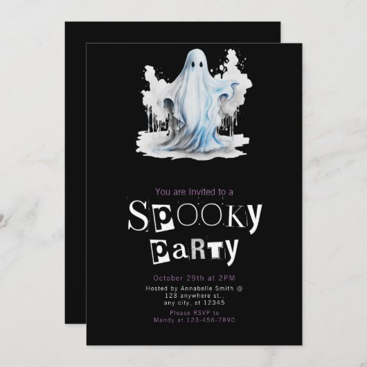 不気味なホワイトアンドブルー幽霊ハローウィンパーティ 招待状 (正面/裏面)