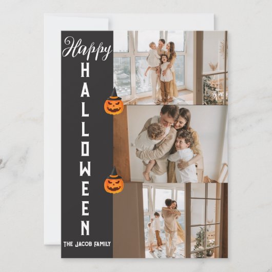 不気味なモダンなハロウィン家族3人写真コラージュ シーズンカード (正面)