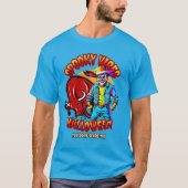不気味なロデオのピエロと牛のハロウィーン Tシャツ (正面)
