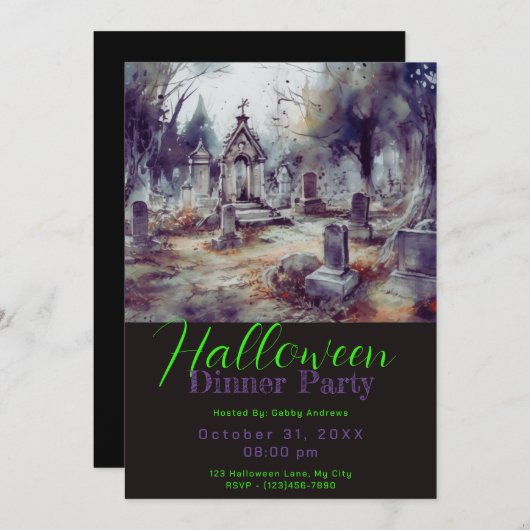 不気味な墓地の墓ハロウィーンディナーパーティー 招待状 (正面/裏面)