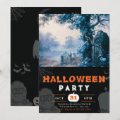 不気味な墓地の青い花　ハロウィン 招待状 (正面/裏面)