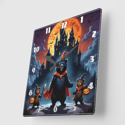 不気味な夜に服を着たハロウィンベア スクエア壁時計 (傾斜)