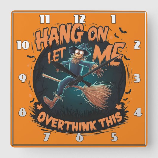 不気味な夜飛んでいるを通してハロウィーンのかかし スクエア壁時計 (正面)