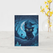 不気味な帽子をかぶった黒猫のブランクカード カード (黄色い花)