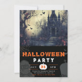 不気味な幽霊のよく出るハウスとこうもりズブラックハロウィーン 招待状 (正面)