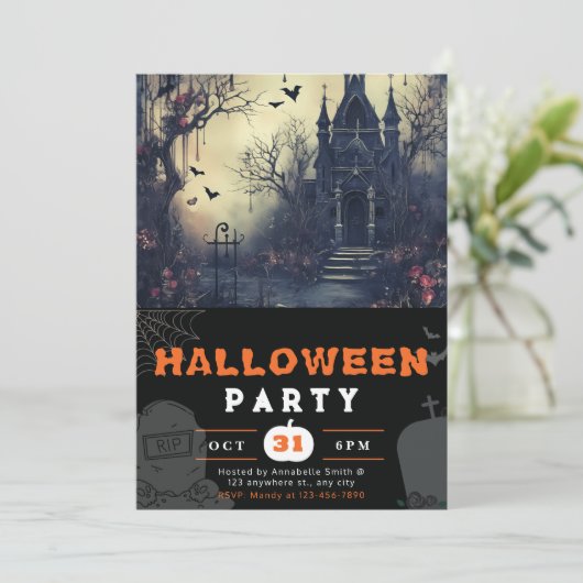 不気味な幽霊のよく出るハウスとこうもりズブラックハロウィーン 招待状 (スタンド正面)