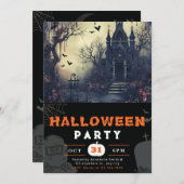 不気味な幽霊のよく出るハウスとこうもりズブラックハロウィーン 招待状 (正面/裏面)
