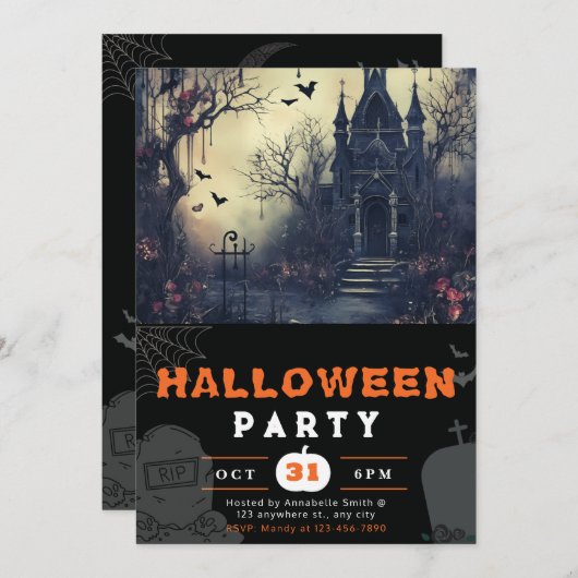 不気味な幽霊のよく出るハウスとこうもりズブラックハロウィーン 招待状 (正面/裏面)