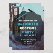 不気味な幽霊のよく出るハウスとこうもりハロウィーン 招待状 (正面/裏面)