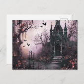 不気味な幽霊のよく出るハウスツリーズ&こうもりハロウィーン シーズンポストカード (正面/裏面)
