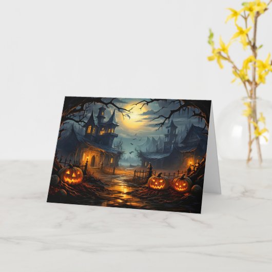 不気味な幽霊のよく出るハウスハロウィーン カード (黄色い花)