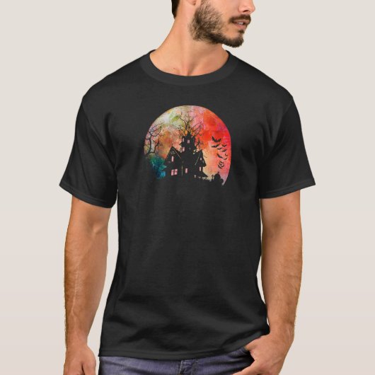不気味な幽霊屋敷 & スプーキーの水彩画 満月 Tシャツ (正面)