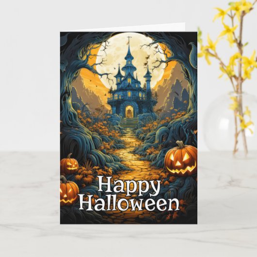 不気味な幽霊屋敷 - ハッピーハロウィン カード (黄色い花)