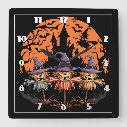 不気味な月の下のハロウィーンのかかしトリオ スクエア壁時計 (正面)