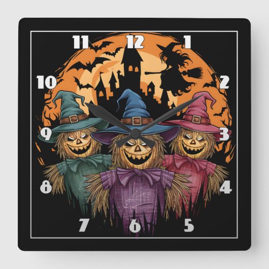 不気味な月光の下のハロウィーンのかかしトリオ スクエア壁時計 (正面)
