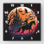 不気味な月明かりの下でハロウィーンの馬に乗る スクエア壁時計 (正面)