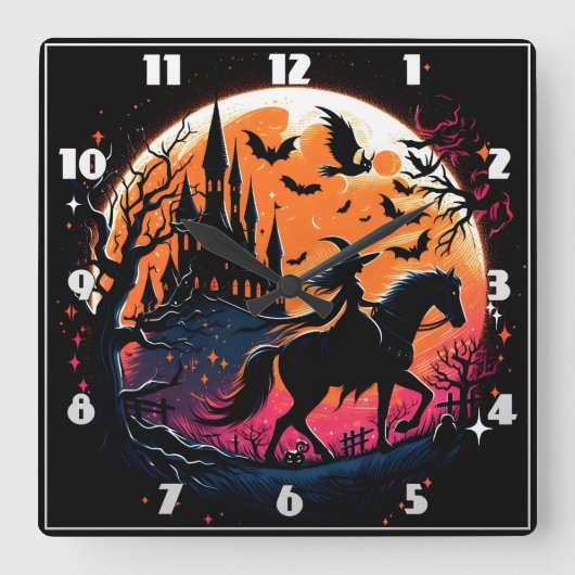 不気味な月明かりの下でハロウィーンの馬に乗る スクエア壁時計 (正面)