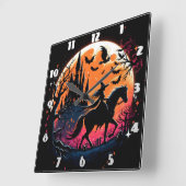 不気味な月明かりの下でハロウィーンの馬に乗る スクエア壁時計 (傾斜)