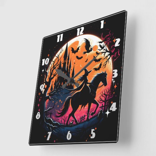 不気味な月明かりの下でハロウィーンの馬に乗る スクエア壁時計 (傾斜)