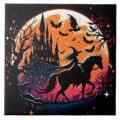 不気味な月明かりの下でハロウィーンの馬に乗る タイル (正面)